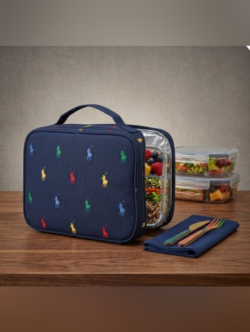 NEW! Ralph Lauren Navy Multicolor Polo Lunch Bag